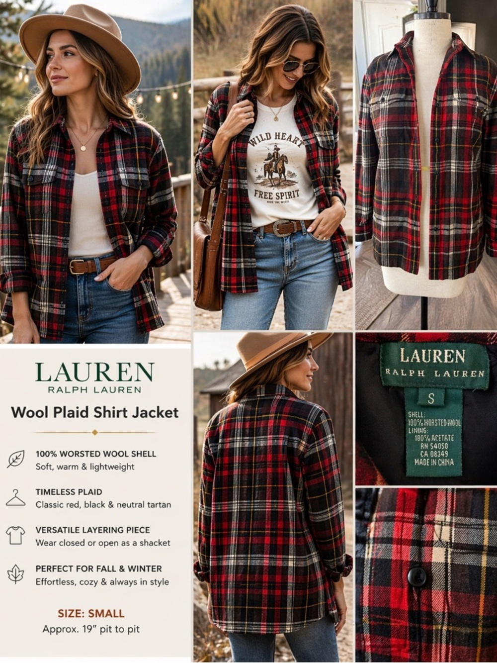 Lauren Ralph Lauren Wool Plaid Shirt Jacket Size Small Red Black Shacket